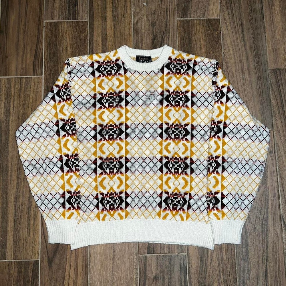 Vintage 70s campus wintuk geometric sweater diamond floral striped granny sz L